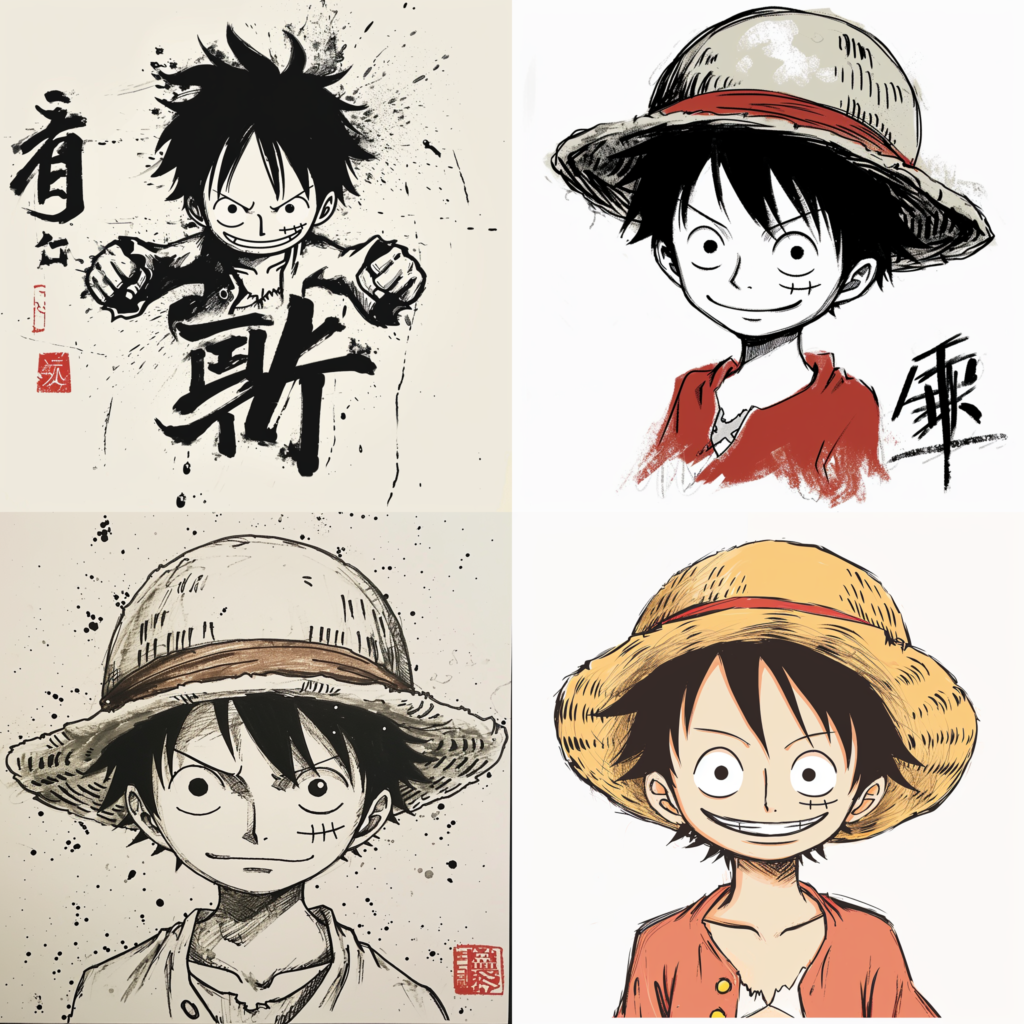 luffy, character from one piece, simple chinese folk art drawing