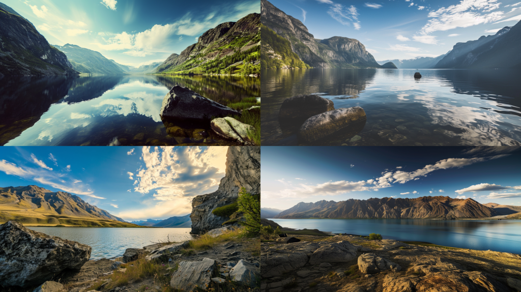 Mountainous Landscape with Lake, Wide Angle, scene of a vast lake surrounded by majestic mountains, wide-angle lens to capture the vastness of the landscape, place an interesting element in the foreground, such as a rock formation or a solitary tree, to add depth, make sure the lines of the mountains and the lake's shore follow the rule of thirds, creating a balanced composition, adjust the exposure to capture the vibrant blue sky and detailed reflections in the water, photograph during the golden hour for soft and warm lighting