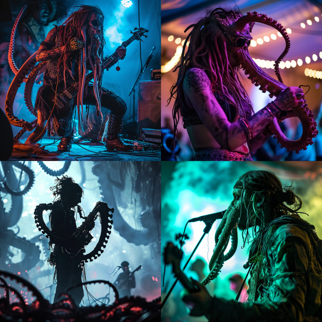 A musician performing on a stage, tentaclepunk