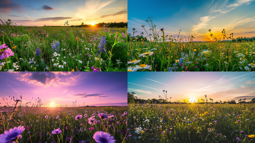 Field of Flowers at Sunset, Wide Angle, field full of wildflowers in full bloom, wide-angle lens at sunset, place some flowers in the foreground to create a sense of immersion and depth, use the rule of thirds to position the horizon and ensure that the exposure captures both the warm tones of the sunset sky and the vivid colors of the flowers, evening light, magical atmosphere, vastness of the field stretching towards the horizon