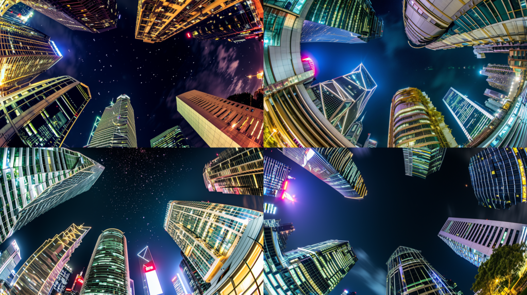 Night City, Fisheye Lens, nocturnal urban view, camera at a low angle, exaggerate the lights and structures of the skyscrapers, dramatic effect, distorted, the barrel distortion of the fisheye lens will make the buildings appear to curve towards the starry sky, mesmerizing composition, exposure to capture the city lights, vibrant and energetic to the scene