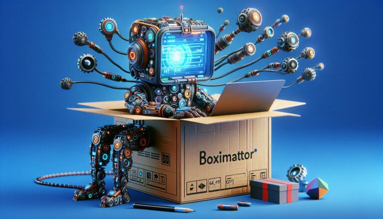 La imagen muestra una figura robótica muy detallada y estilizada que emerge de una caja de cartón etiquetada como “Boximator”. El robot parece complejo, con numerosos brazos y apéndices articulados equipados con varias herramientas y sensores. Tiene una pantalla central que se asemeja a una cara, lo que le da una apariencia de personaje. El fondo es un gradiente azul simple, lo que hace que el robot sea el punto focal de la imagen. Esta imagen es interesante porque combina elementos de tecnología y creatividad, sugiriendo temas de innovación o robótica en una presentación visual atractiva. No hay problemas de matemáticas o tareas presentes en esta imagen para transcribir. En la imagen también se pueden ver algunos textos: “Boximattor®”, “O”, y “65.49”.