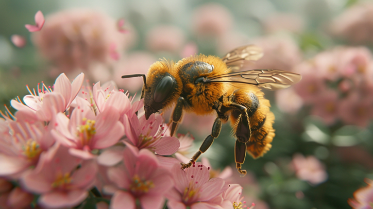Visualize a garden scene where flowers and insects are given a fantastical, toy-like appearance through the magic of selective blur. Focus on a single flower or bee, rendering it in sharp detail against a softly blurred background that suggests a vast, yet intimate miniature world. This garden should appear as a hidden realm, where the ordinary becomes extraordinary, and viewers are drawn into a microcosm filled with color, life, and whimsy