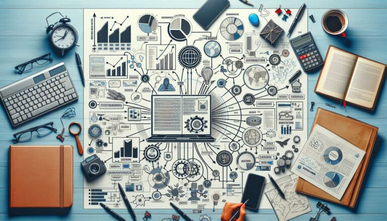 La imagen muestra una composición de un espacio de trabajo ocupado lleno de varios elementos relacionados con los negocios, análisis y tecnología. En el centro de la imagen hay un portátil abierto rodeado de numerosos documentos adornados con gráficos, diagramas y visualizaciones de datos. También se pueden ver una calculadora y un teléfono inteligente junto a instrumentos de escritura, una taza de café, gafas y otros suministros de oficina como clips de papel y chinchetas. También hay varios dispositivos de medición del tiempo, incluyendo un cronómetro y un reloj despertador. El fondo es una superficie de madera azul que contrasta con los colores de los elementos. Esta imagen es interesante porque encapsula la esencia de un entorno de negocios o analítico moderno donde la tecnología y los datos juegan roles cruciales en las operaciones diarias. Podría ser relevante para temas relacionados con el análisis de negocios, la gestión del tiempo, los entornos de oficina o las herramientas tecnológicas utilizadas en contextos profesionales. No hay problemas de matemáticas o tareas visibles en la imagen; en su lugar, contiene varios gráficos e infografías que representan datos pero no constituyen problemas solucionables. No se detectaron textos en la imagen.