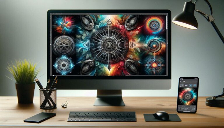 La imagen muestra una configuración moderna de escritorio con un monitor que muestra una obra de arte vibrante y compleja, y un teléfono inteligente apoyado contra el monitor con la misma obra de arte en su pantalla, lo que sugiere que se utiliza como una segunda pantalla. La obra de arte presenta una serie de elementos cósmicos y místicos coloridos, incluyendo lo que parecen ser planetas, estrellas y símbolos astrológicos dentro de un diagrama circular que se asemeja a un astrolabio o rueda zodiacal. El escritorio también tiene otros elementos: una lámpara negra posicionada a la derecha del monitor, proporcionando luz; una planta en maceta verde que añade un toque de naturaleza; portaherramientas de papelería con bolígrafos y lápices a la izquierda del monitor para organización; y pequeños elementos como clips de papel y un disco duro externo para necesidades de trabajo adicionales. Esta imagen es interesante debido al contraste entre la tecnología moderna y la representación cósmica antigua en las pantallas, mezclando temas de astrología o misticismo con estéticas de ambiente de trabajo contemporáneo. No hay problemas de matemáticas o tareas visibles en esta imagen para transcribir. No se detectaron textos en la imagen.