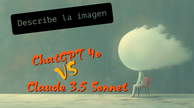 La imagen presenta una escena surrealista con varios elementos: 1. Fondo: Un muro liso de color verde azulado claro que ocupa la mayor parte del fondo. 2. Suelo: Un piso de concreto o material similar, de color gris claro. 3. Figura principal: En el lado derecho, hay una silla moderna con patas metálicas delgadas. Sobre ella, en lugar de una persona, hay una gran nube blanca y esponjosa que parece formar el "cuerpo" y "cabeza" de una figura sentada. 4. Texto: En la parte superior izquierda hay un recuadro negro con el texto "Describe la imagen" en color gris claro. 5. Texto central: En el centro de la imagen, con letras grandes y coloridas, se lee "ChatGPT 4.0 VS Claude 3.5 Sonnet". "ChatGPT 4.0" está en naranja, "VS" en amarillo, y "Claude 3.5 Sonnet" en naranja. 6. Iluminación: La escena tiene una iluminación suave y uniforme, sin sombras pronunciadas, lo que le da un aspecto etéreo y algo onírico. 7. Colores predominantes: - Verde azulado claro (fondo) - Blanco (nube) - Gris claro (suelo) - Naranja y amarillo (texto central) - Negro (recuadro del texto superior) La composición sugiere una comparación o contraste entre dos sistemas de inteligencia artificial (ChatGPT 4.0 y Claude 3.5 Sonnet), representada de manera surrealista con la figura de nube sentada en la silla. La instrucción "Describe la imagen" añade un elemento meta a la composición, como si estuviera pidiendo a estos sistemas que realizaran la tarea de descripción.