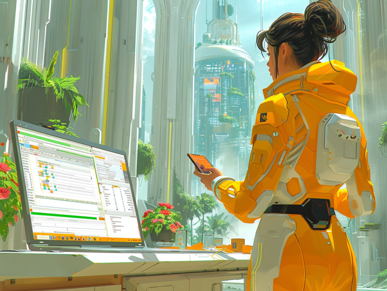 La imagen muestra una escena futurista en un entorno urbano de alta tecnología y vegetación exuberante. En primer plano, una mujer vestida con un traje tecnológico amarillo interactúa con un ordenador mediante su smartphone. El monitor del ordenador muestra varias ventanas abiertas con datos, gráficos y tablas, indicando actividades como la gestión de proyectos y el análisis de datos. El entorno alrededor de la mujer está lleno de plantas y flores, integradas armoniosamente en la arquitectura moderna, lo que sugiere un equilibrio entre tecnología avanzada y naturaleza. Al fondo, una estructura arquitectónica imponente se erige, reflejando la sofisticación y el desarrollo urbano del futuro. La escena combina elementos de alta tecnología y sostenibilidad, resaltando un futuro donde la interacción con dispositivos y la conectividad se han integrado plenamente en la vida cotidiana.