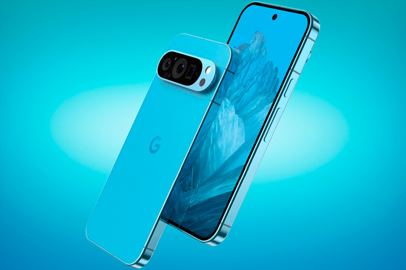 Google Pixel 9 en un color azul brillante desde dos ángulos: uno que muestra la parte trasera del dispositivo y otro que destaca la parte frontal. La imagen enfatiza la combinación de diseño y tecnología, mostrando la nitidez de la pantalla y la integración de la cámara frontal en el centro superior de la pantalla. El dispositivo flota en un fondo azul, lo que complementa y resalta el tono del teléfono, dando una sensación de frescura y modernidad.